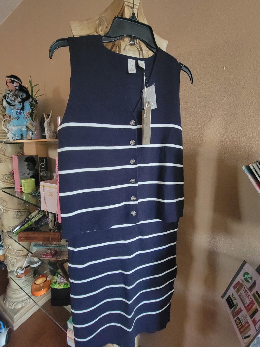 Women's Navy and White Striped Sleeveless Skirt/Sweater- Classic Knit